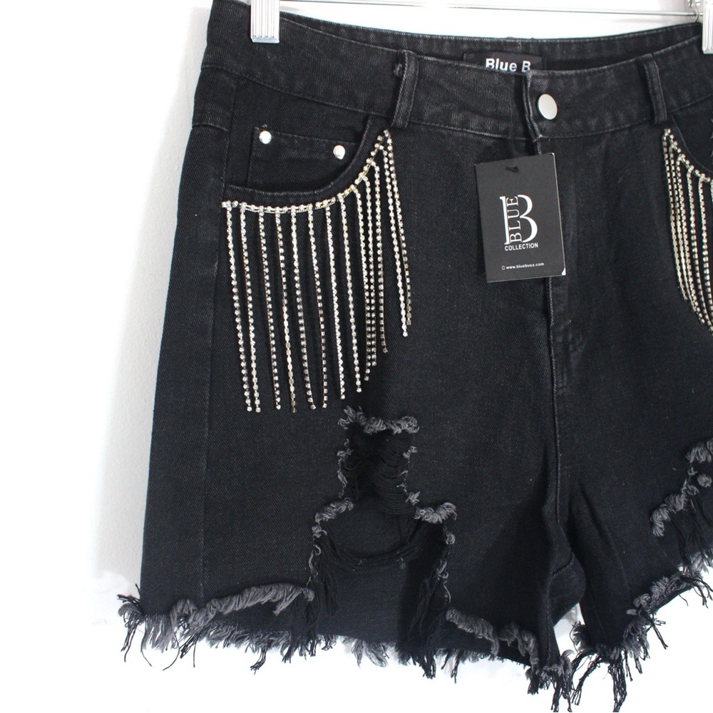 Blue B Collection Denim Rhinestone Fringe Shorts - Picture 3 of 5